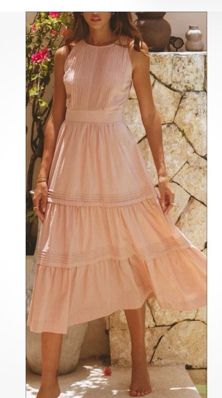 Pampelone Perle Midi Dress Beige Peachy Cotton Tiered Resort Beach Size Medium